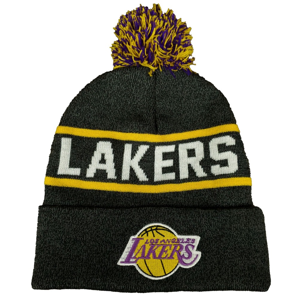 LA Lakers‎ Mitchell & Ness NBA Cuff Knit Beanie Pom Hat Cap Dark Gray Yellow NWT